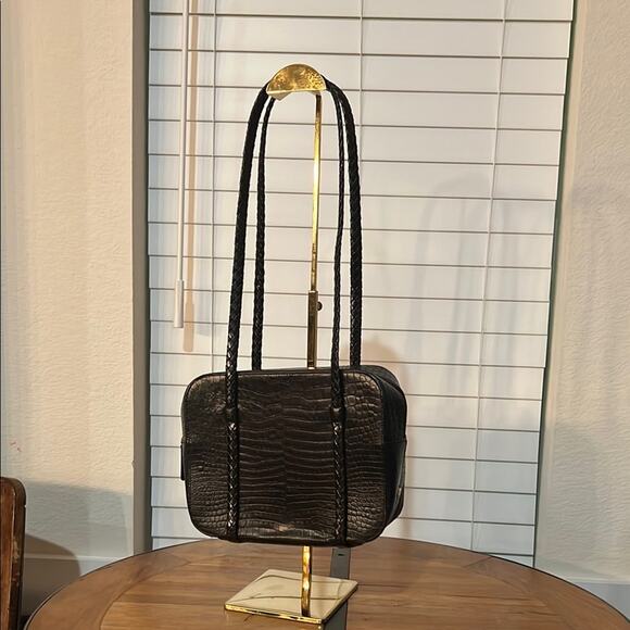 Black Leather Bally Shoulder Bag with Crocodile Pattern - Picture 1 of 1